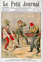 Karikatura iz francuskog časopisa Le Petit Journal: Bugarski kralj Ferdinand proglašava Bugarsku nezavisnom, Franjo Josip I. uzima BiH, dok sultan Abdul Hamid II bespomoćno gleda.