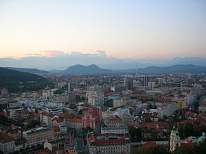 View of Ljubljana's skyline at sunset from the...