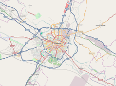 Mapa konturowa Saragossy, w centrum znajduje się punkt z opisem „Pałac biskupi w Saragossie”