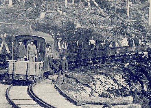 Miners for the Colonial Copper Company posing on the narrow gauge railway.