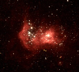 Область H II NGC 2363 при наблюдении космическим телескопом «Хаббл». NGC 2363-V1 является отдельной яркой звездой левее и выше центра.[1]