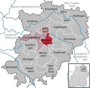 Poziția orașului Niedernhall pe harta districtului Hohenlohekreis