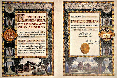 Nobeldiplom för kemipristagaren Fritz Haber 1918 utfört av Gisberg.