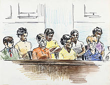 A jury Oil Pastels and ink drawing of jurors consisting of six African American women, one white woman and one white man. 20.jpg