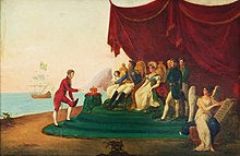 Allegory of the recognition of the Empire of Brazil and its independence. The painting depicts British diplomat Sir Charles Stuart presenting his letter of credence to Emperor Pedro I of Brazil, who is flanked by his wife Maria Leopoldina, their daughter Maria da Gloria (later Queen Maria II of Portugal), and other dignitaries. At right, a winged figure, representing History, carving the "great event" on a stone tablet. Pedro I of Brazil and Charles Stuart .jpg