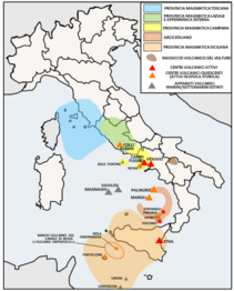 Arc volcànic campanià (en groc). Aquest arc volcànic es troba a la província magmàtica Campaniana