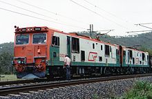 Queensland Railways 3100/3200 class QR electric locos 3102 & 3255 on the Goonyella line ~1991.jpg