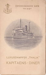 Musikprogramm und Speisefolge eines Kapitänsdinners vom 15. April 1909 an Bord der SS Thalia des Österreichischen Lloyd