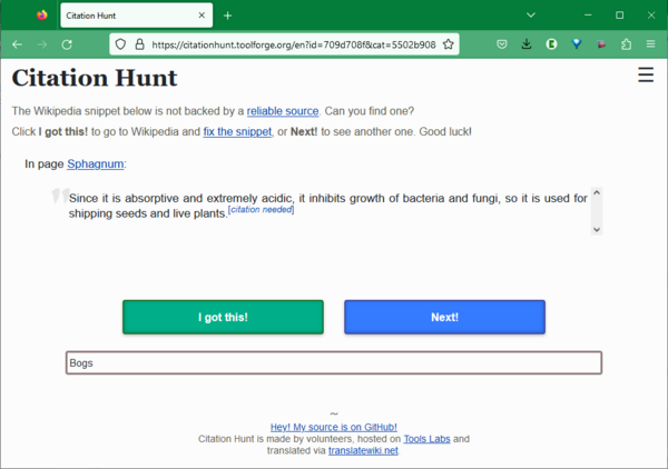 Screenshot of Citation Hunt for Bogs as of 2023-07-10