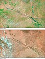 Satellite pictures showing the Shebelle valley in southern Somalia and Ethiopia before and during floods in 2005