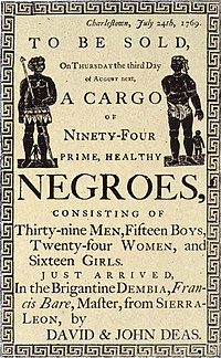 Reproduction of a handbill advertising a slave auction in Charleston, South Carolina, in 1769 Slave Auction Ad.jpg