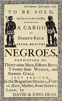 Reproduction of a handbill advertising a slave auction, in Charleston, South Carolina, in 1769 Slave Auction Ad.jpg