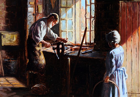 Interno di un laboratorio di artigiani a Jersey (1900).