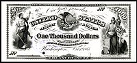 Банкнота с процентным доходом на 1000 долларов, серия 1863 г., франция 201, изображающая виньетки «Справедливость и свобода».
