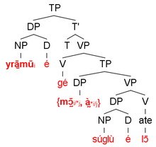 This tree shows how the logophoric pronoun, mo, and third-person pronoun, a, can occupy the same space in the same sentence, yet refer to different individuals. Wan tree for Logophoricity, children.png