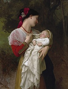 Maternal Admiration (1869) by William-Adolphe Bouguereau. Females have a higher minimal investment in offspring than males. William-Adolphe Bouguereau (1825-1905) - Maternal Admiration (1869)FXD.jpg