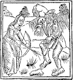 Sorcière tirant une flèche dans le pied d'un paysan. Illustration ornant le Lamiis et pythonics mulieribus d'Ulrich Molitor.