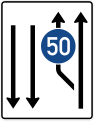 Zeichen 546-11 Aufweitungstafel – mit Gegenverkehr mit inte­griertem Zeichen 275 – einstreifig plus Fahr­streifen links und 2 Fahrstreifen in Gegenrichtung; überarbeitetes Zeichen