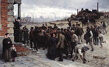 Agitated workers face the factory owner in The Strike. Painted by Robert Koehler in 1886. "Der Streik" von Robert Koehler.jpg