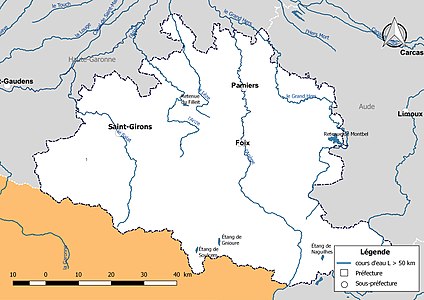 Carte des cours d'eau de longueur supérieure à 50 km de l’Ariège.