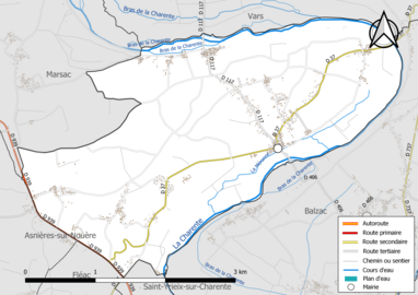 Carte en couleur présentant le réseau hydrographique de la commune