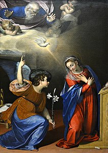 Annunciation (1587), Scipione Pulzone, Capodimonte Museum, Naples - Gentileschi's work draws on the Virgin's pose before her prayer desk