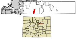 Location of the Brick Center CDP in Arapahoe County, Colorado.