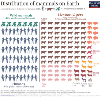 Humans and their domesticated animals represent 96% of all mammalian biomass on earth, whereas all wild mammals represent only 4%. Distribution-of-earths-mammals.png