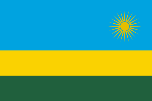 The flag of Rwanda: blue, yellow together with green stripes with a yellow sun in top modification corner