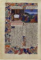 Page de texte contenant une miniature représentant le Christ devant les apôtres à table.