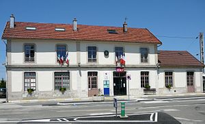 Two-story building with gabled roof