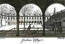 Gresham College, the court with figures in eighteenth-century dress. Gresham College Entick Survey.jpg