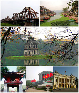 Searah jarum jam dari kiri: Menara Turtle di Danau Hoan Kiem, di pusat kutha Hanoi; Ho Chi Minh Mausoleum; Hanoi Opera House; senja hari di Red River dari Long Bien Bridge; Temple of Literature; One Pillar Pagoda