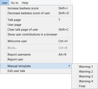 Huggle 3 User menu