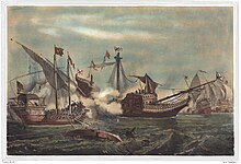 Ottoman admiral Barbarossa Hayreddin Pasha defeated the Holy League of Charles V under the command of Andrea Doria at the Battle of Preveza in 1538. IAN 0137 Urrabieta y Ortiz 1859 Preveza.jpg