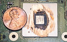 180nm IBM Gekko CPU in the Gamecube shaved down to expose the silicon die. IBM Gekko Die Exposed.jpg