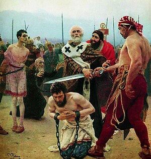 Saint Nicolas arrêtant le bourreau. Peinture de 1888 par Ilia Répine conservée au musée Russe.