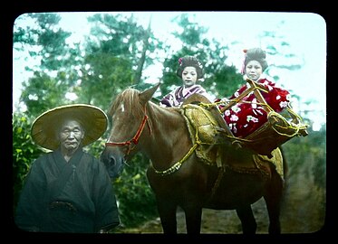 Japanese pack horse carrying two women