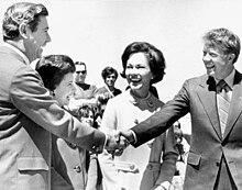 Carter greeting Florida governor Reubin Askew and his wife in 1971; as president, Carter would appoint Askew as U.S. trade representative. Jimmy Carter and wife with Reubin Askew and his wife.jpg