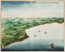 The verdant shores of the Gold Coast, with four towns and a fort at the bottom: Fort Elmina. Four merchant ships approach the bay of Cape Coast.