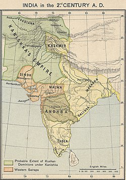 Joppen'in 1907 tarihli Hindistan Tarihi Atlası'ndan, Kanişka'nın hükümdarlığı sırasında Kuşan İmparatorluğu'nu gösteren yüksek çözünürlüklü bir MS 2. Yüzyıl Hindistan haritası