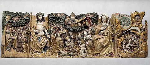 Souabe (Biberach) vers 1520. « Jugement dernier » (détail gauche). Iconographie qui associe le thème du jugement dernier à une image votive de la peste. L. 1,72 m