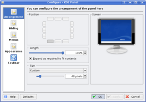 Various aspects of the KDE 3 panel could be configured, such as its arrangement on the user's desktop