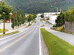 Foto einer von Gebäuden gesäumten Straße. Im Hintergrund eine bewaldete Erhebung.