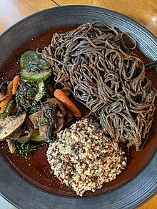 A Lenten supper prepared according to the diet specified in the Daniel Fast: this particular meal includes black bean spaghetti, quinoa, and mixed vegetables composed of cucumbers, mushrooms, microgreens, arugula, and baby carrots. Lenten supper according to the Daniel Fast.jpg