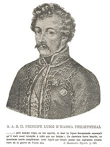 Sepia tone print of a curly-haired man with a moustache. He wears a military coat with an unusual type of braid.