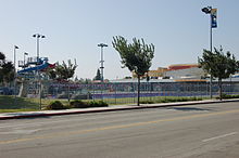 View of the McMurtrey Aquatics Center from the south side, with the water slides.