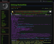 Editing interface of MediaWiki 1.41 with syntax highlighting, showing the edit toolbar and some examples of wiki syntax MediaWiki 1.41.0(wmf.22) source editing at English Wikipedia screenshot.png