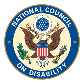 Seal of the National Council on Disability featuring a circle with blue ring and white letters spelling National Council on Disability. In the center is a light cream background and American eagle crest.