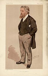 Рисунок человека с большой бородой, с руками в карманах, в черном фраке, полосатых брюках, жилете и цепочке для часов.